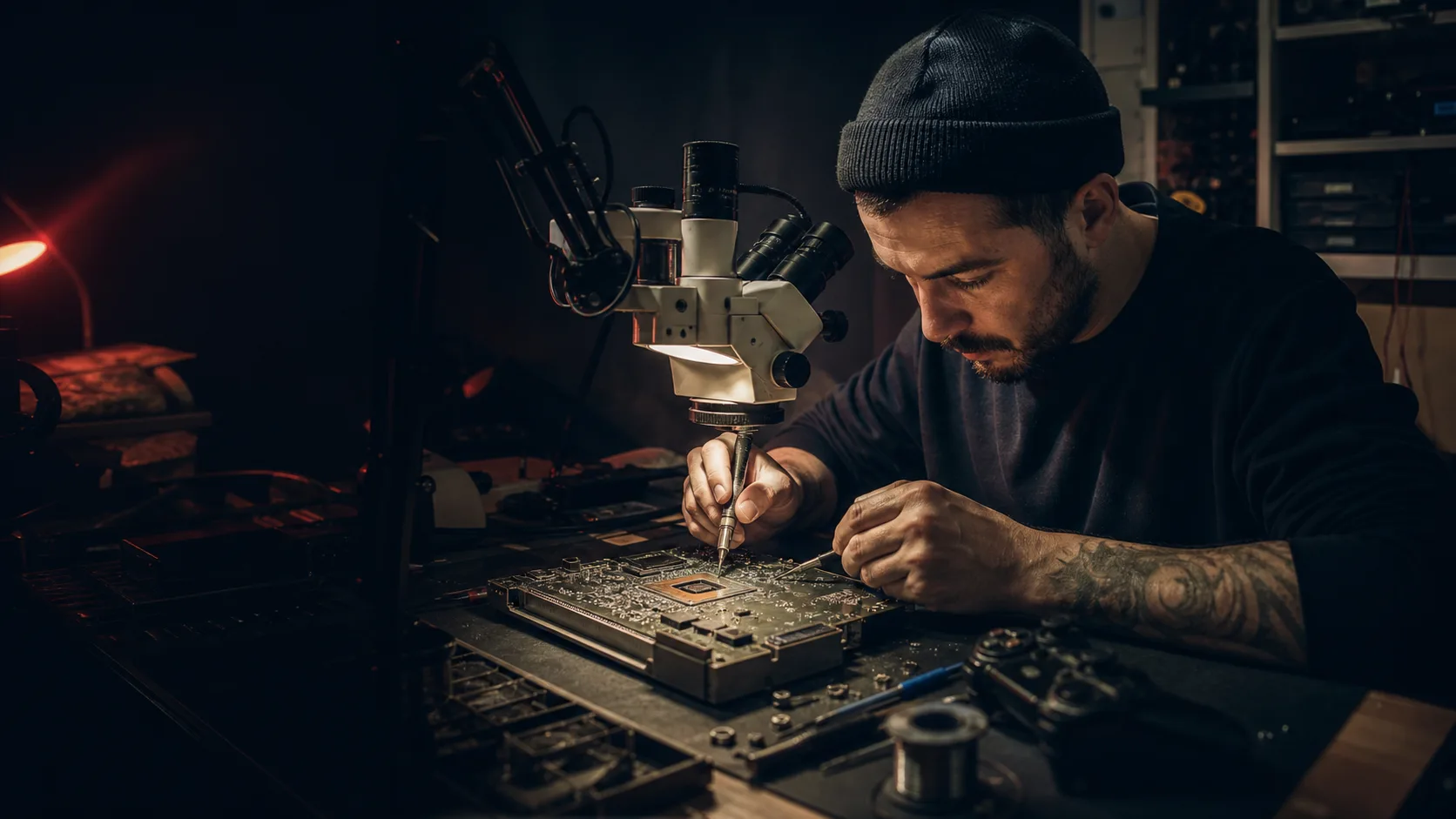 Technicien en diagnostic électronique dans l'atelier de Reims