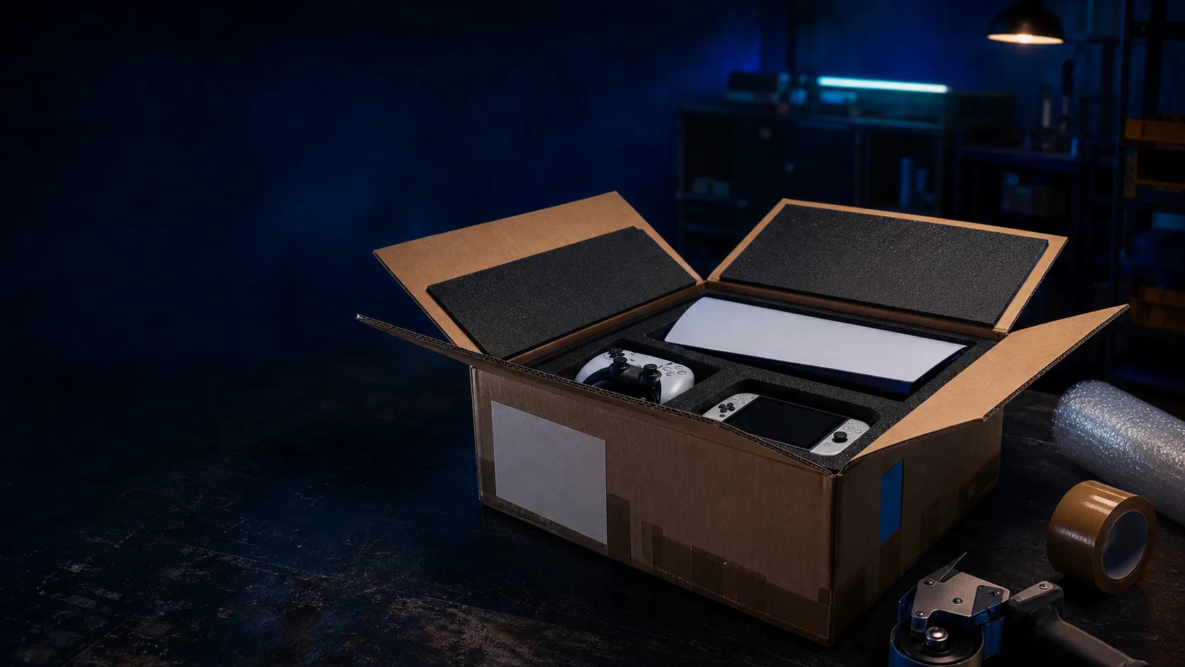 Console protégée dans un colis pour une expédition vers l’atelier