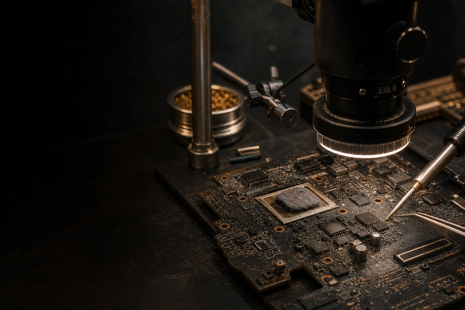 Illustration d’un poste de micro-soudure et d’une carte électronique sous microscope
