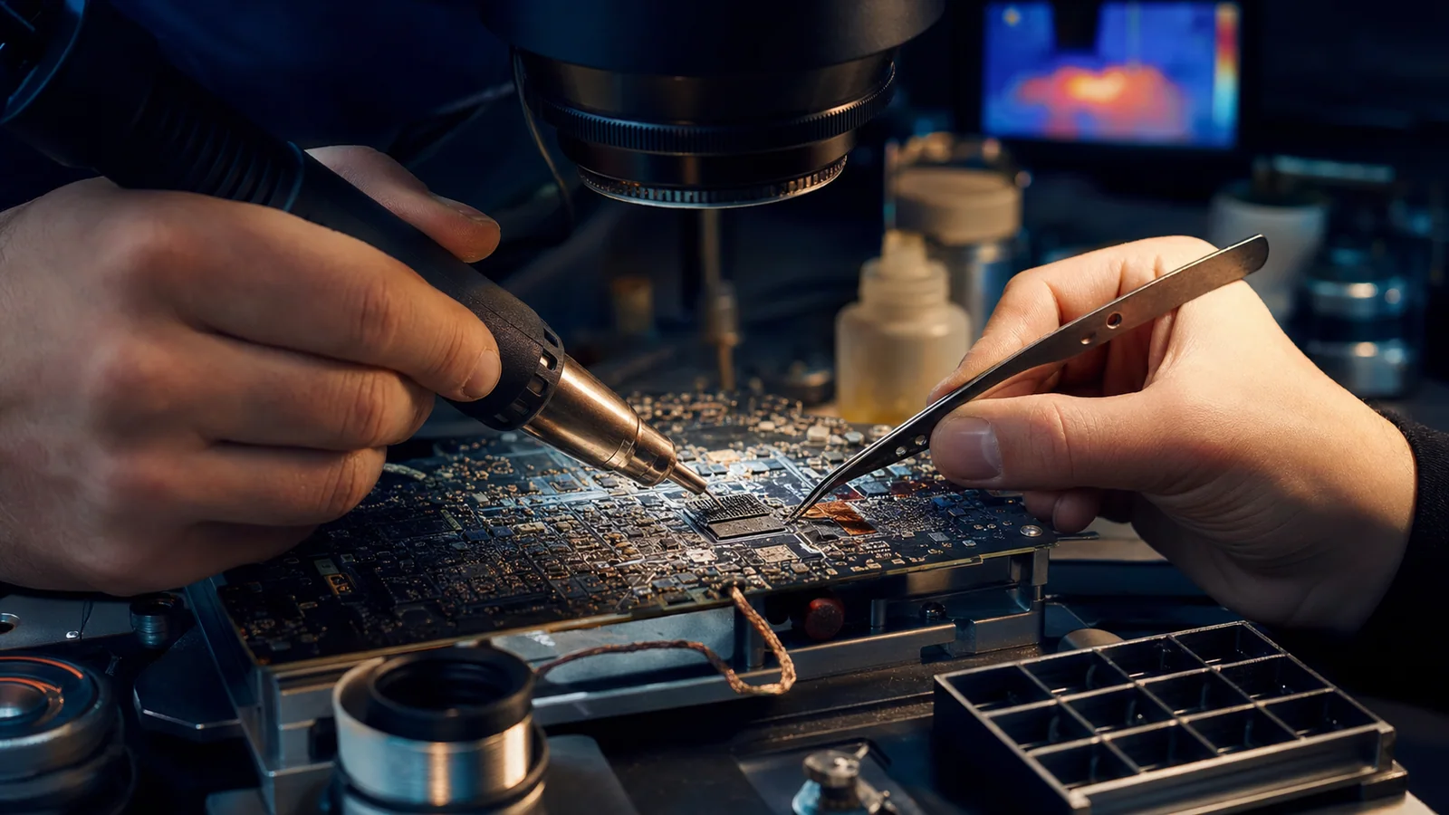 Travail de précision sur une carte électronique sous microscope